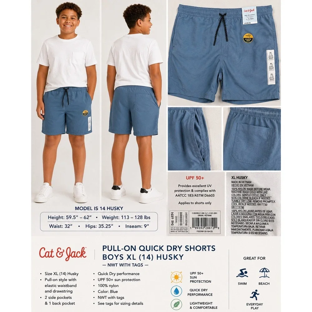 Cat & Jack Boys XL 14 Husky Quick Dry Pull-On Shorts Blue UPF 50+ NWT